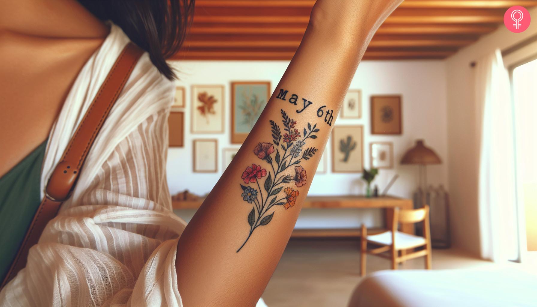 A tattoo of a child's birthday on the forearm