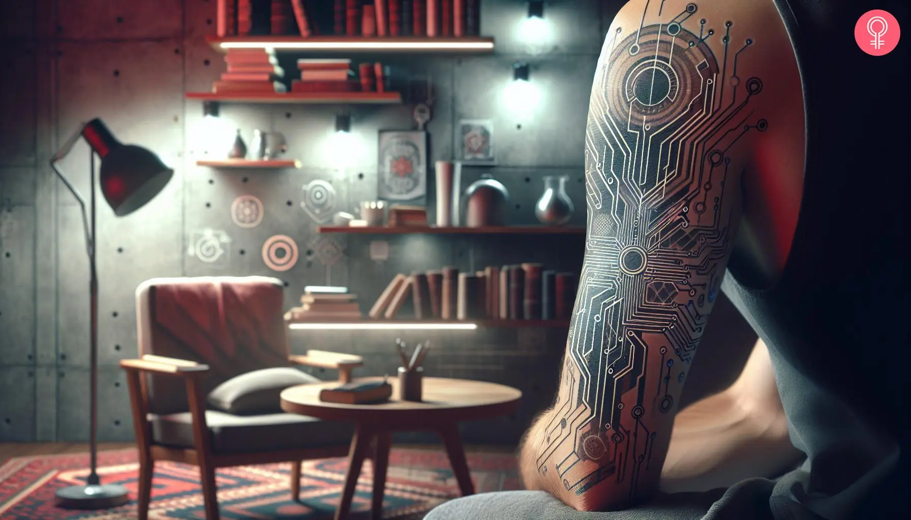 A circuit board cyberpunk tattoo on the upper arm of a man