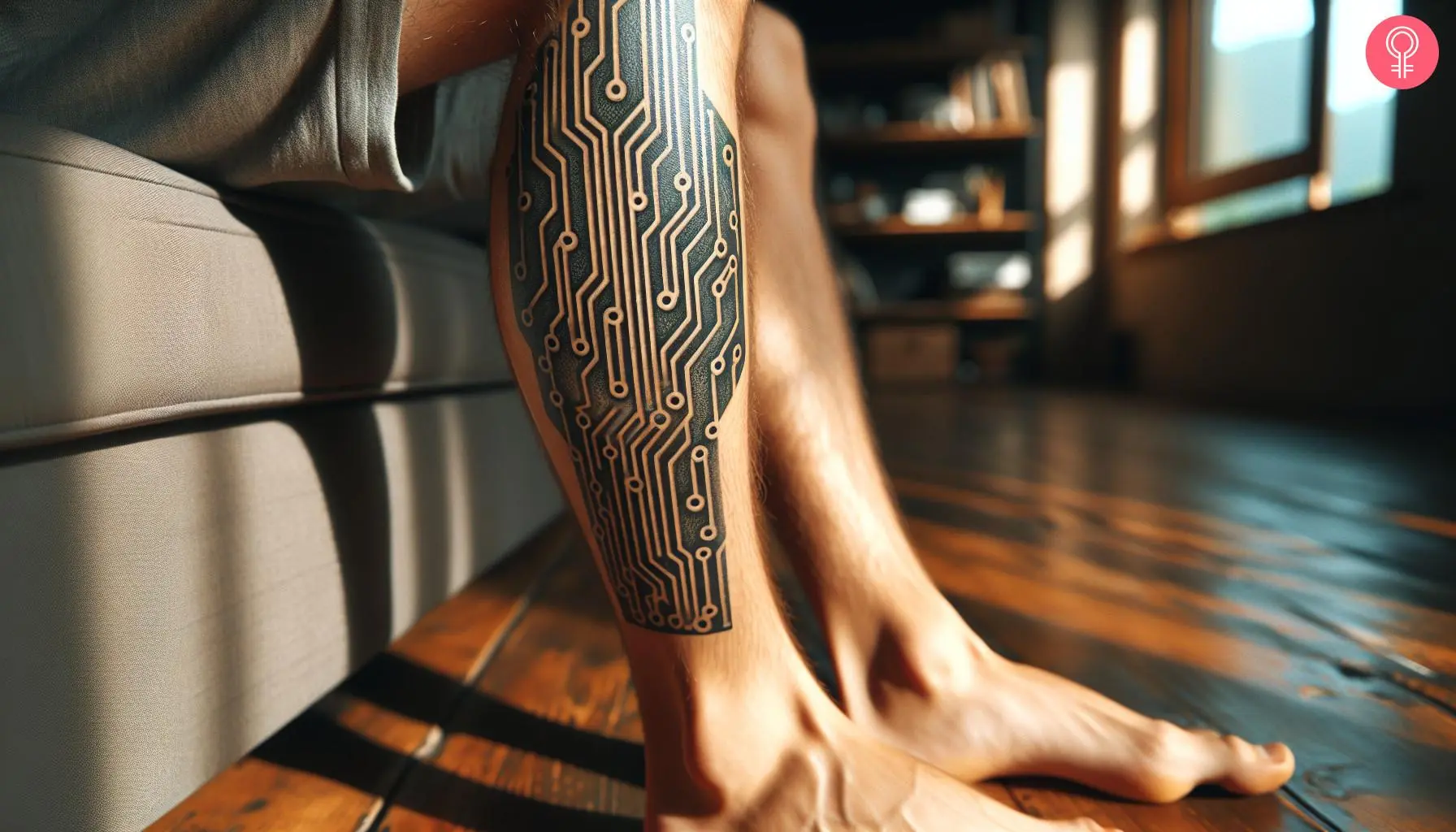 A circuit board tattoo on the calf of a man