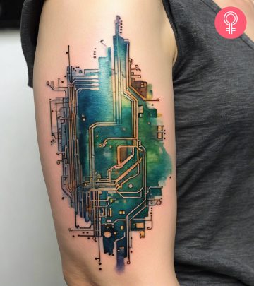 A woman with a cyberpunk tattoo on forearm.