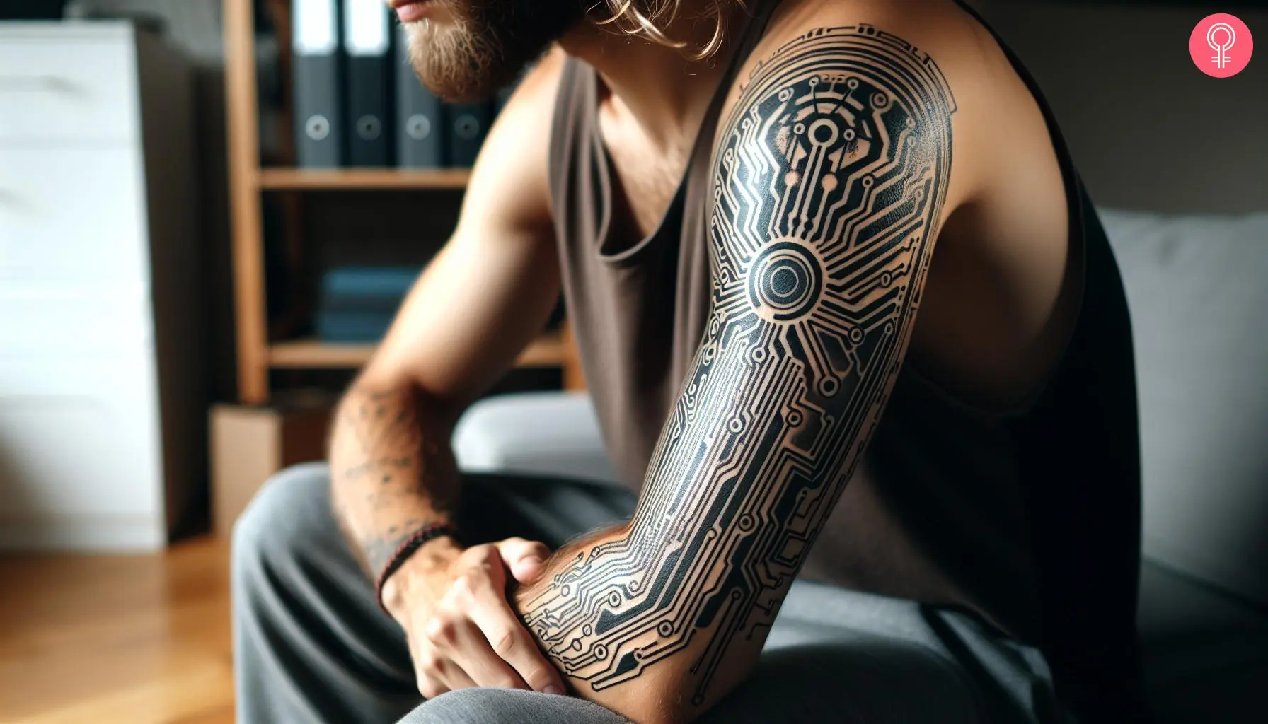 A circuit board tattoo sleeve on a man