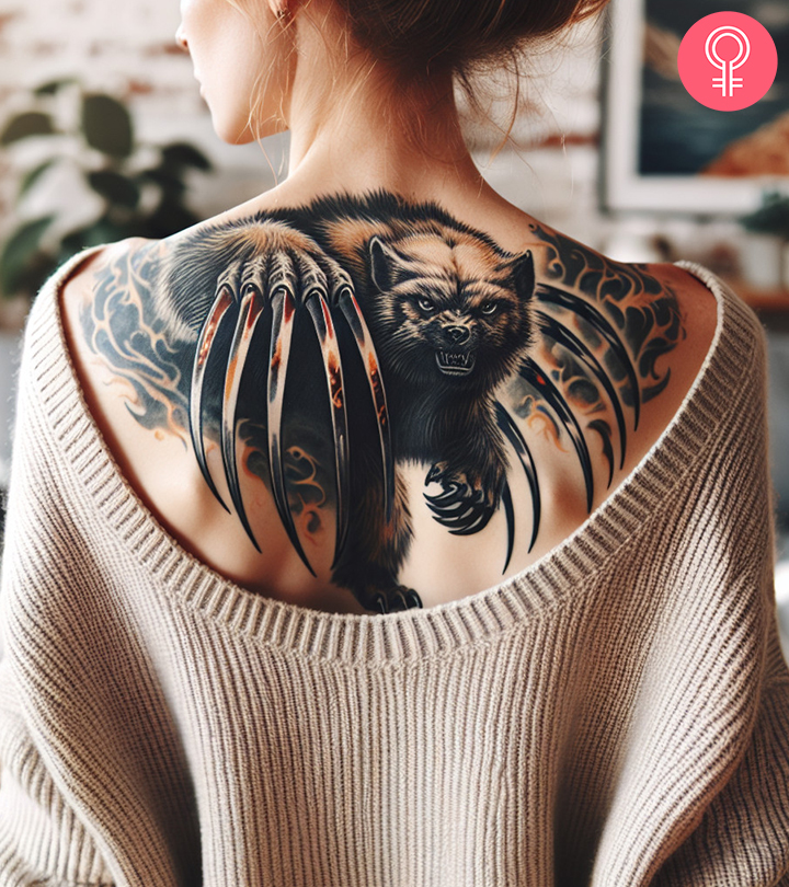 A claw tattoo on a woman’s back