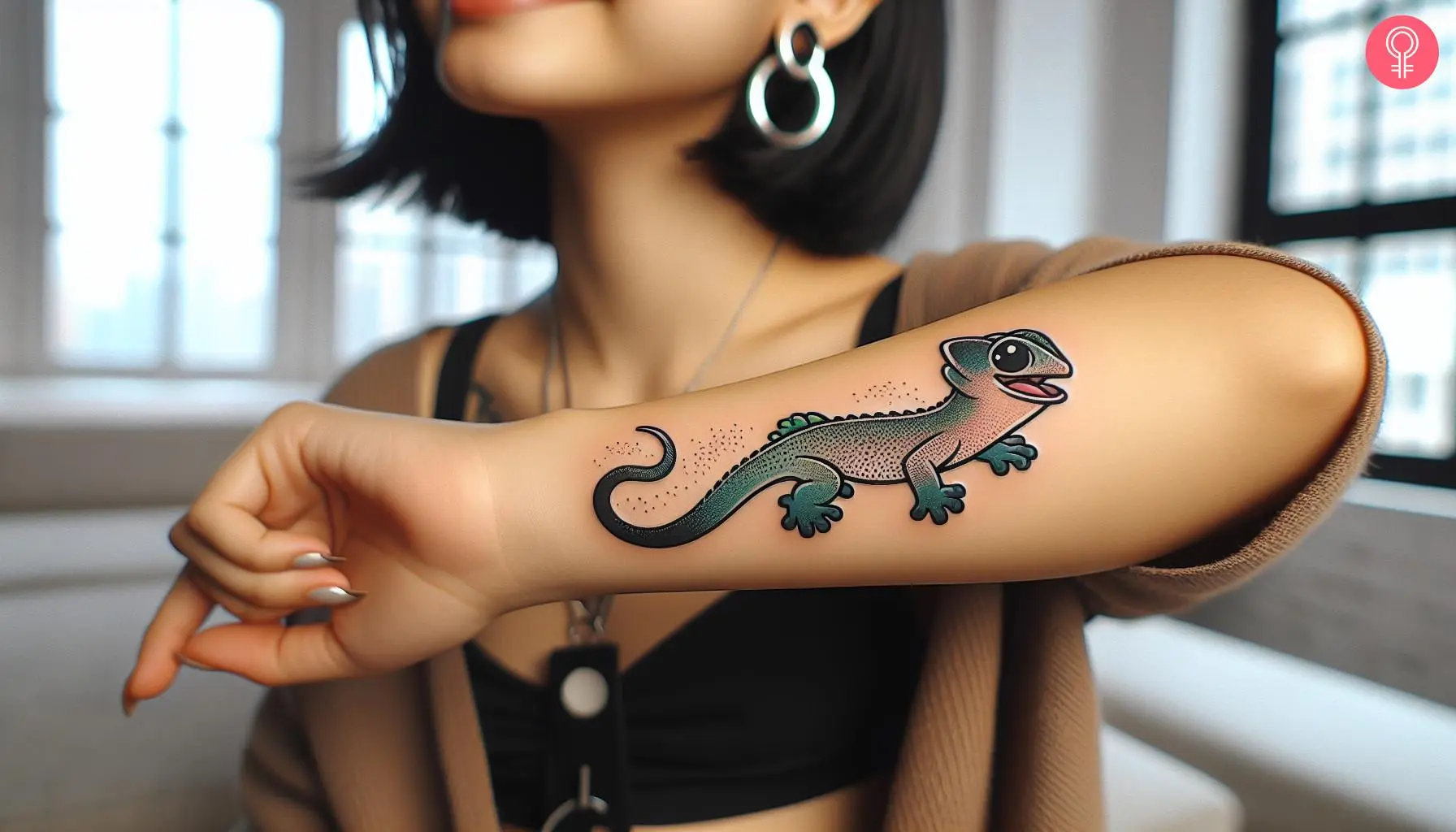 A colored graphic lizard tattoo on the lower arm