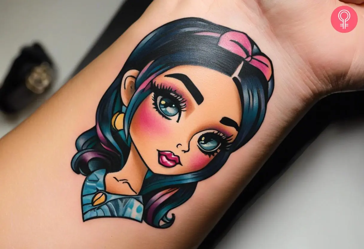 A colorful Jade Bratz tattoo on the wrist