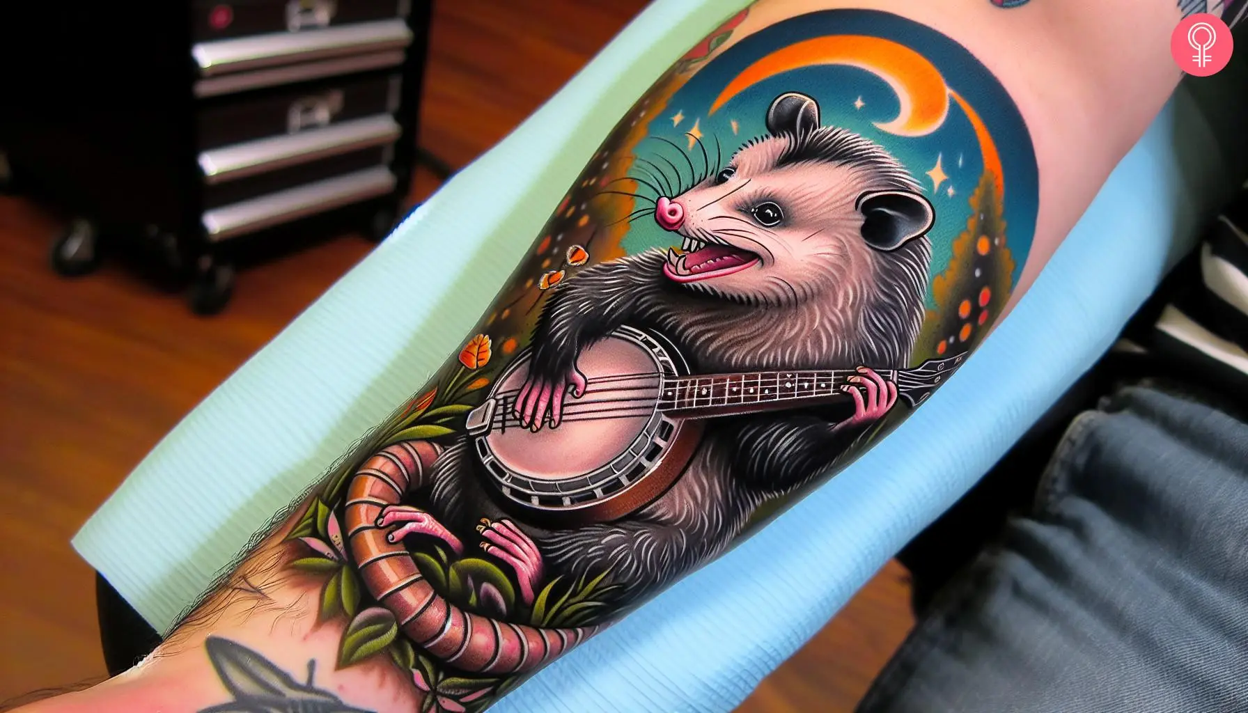 A colorful Possum playing banjo tattoo covering the forearm