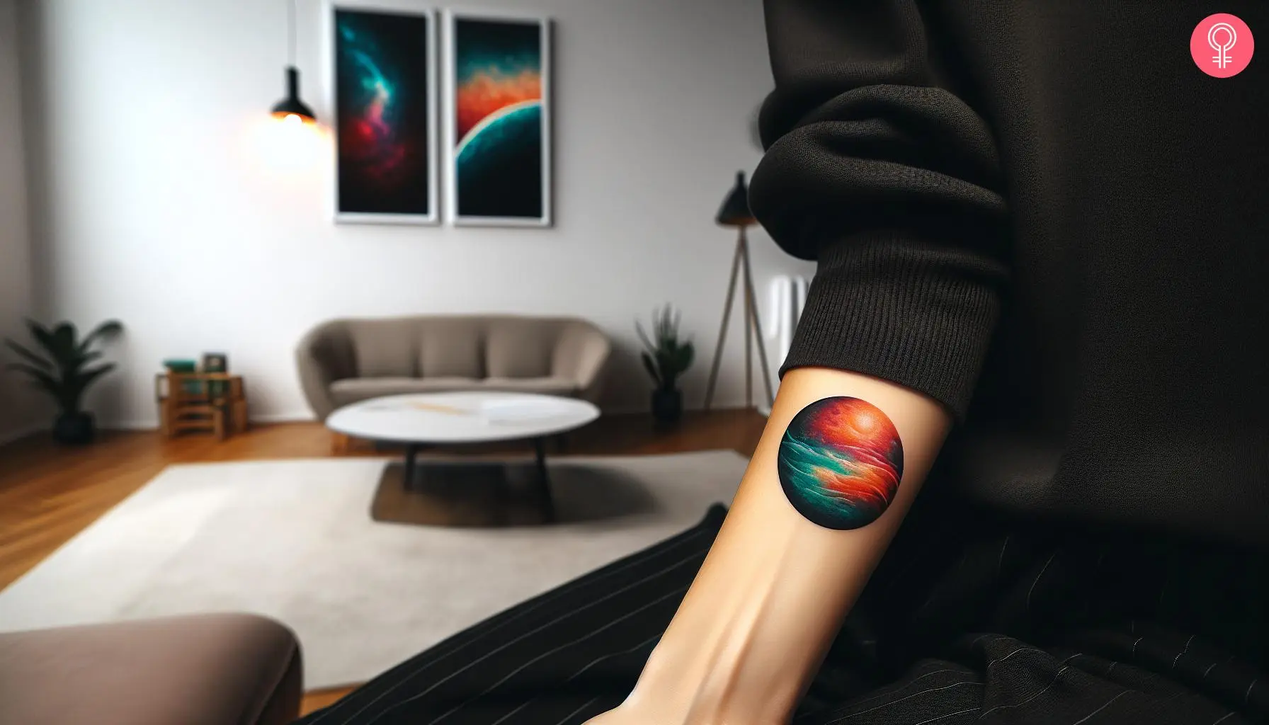 A colorful airbrush tattoo of a sunset on the horizon of an ocean