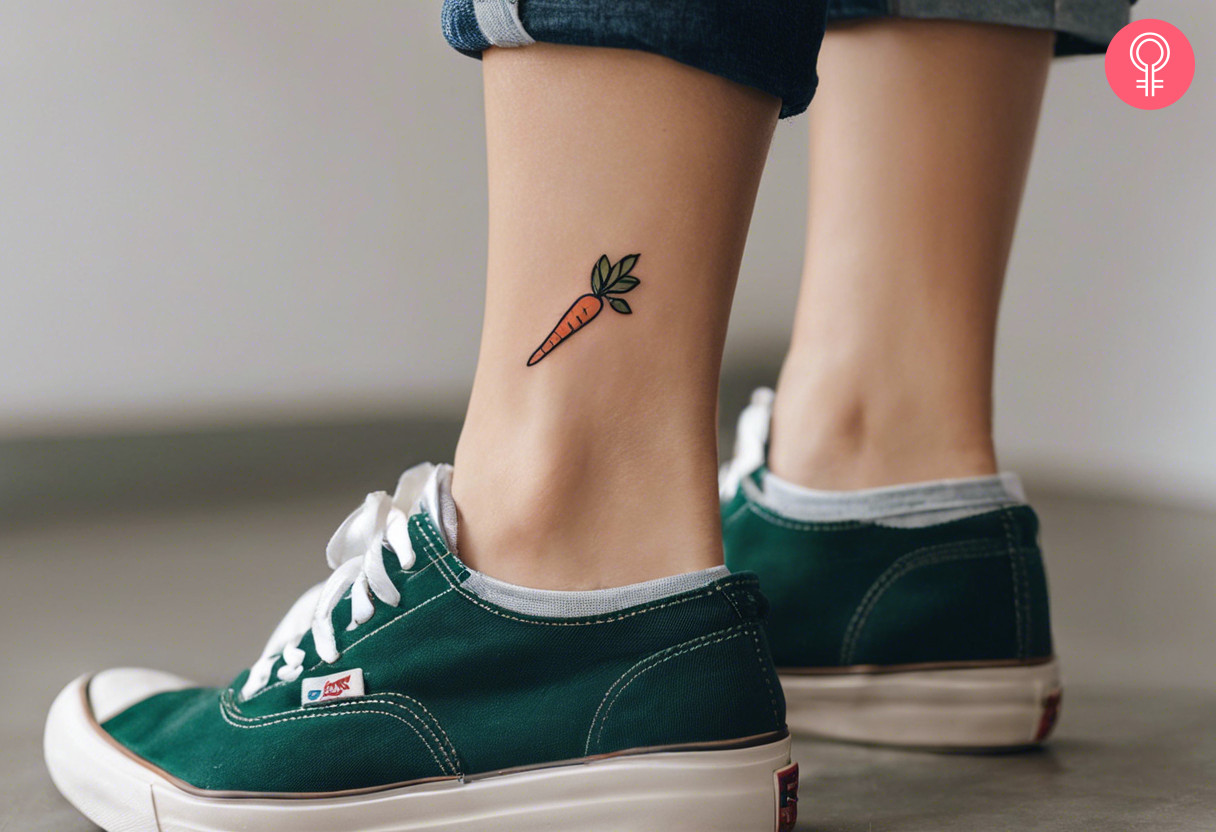 A colorful carrot tattoo inked above the ankle