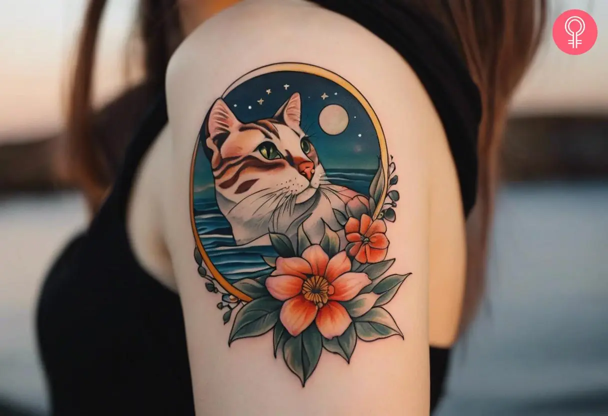 A colorful cat, moon, and flower tattoo on the upper arm