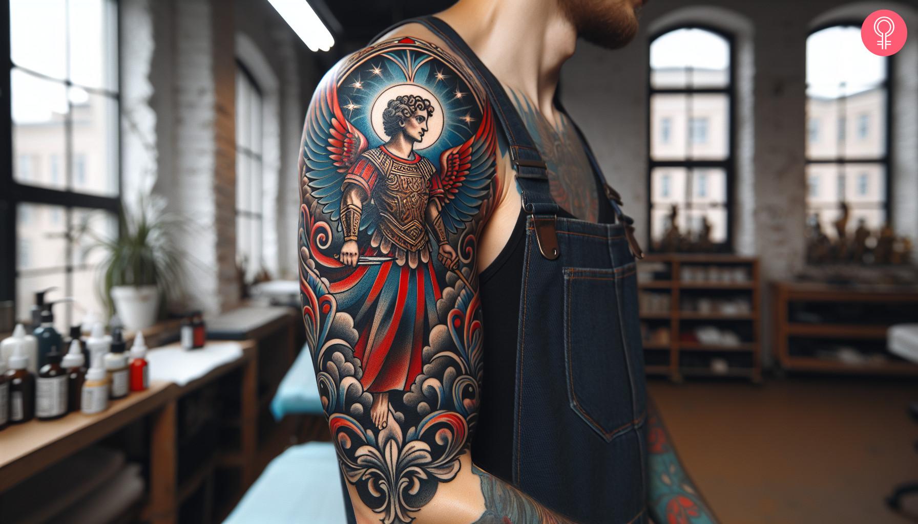 A colorful half sleeve tattoo featuring Saint Michael in black, blue and red ink