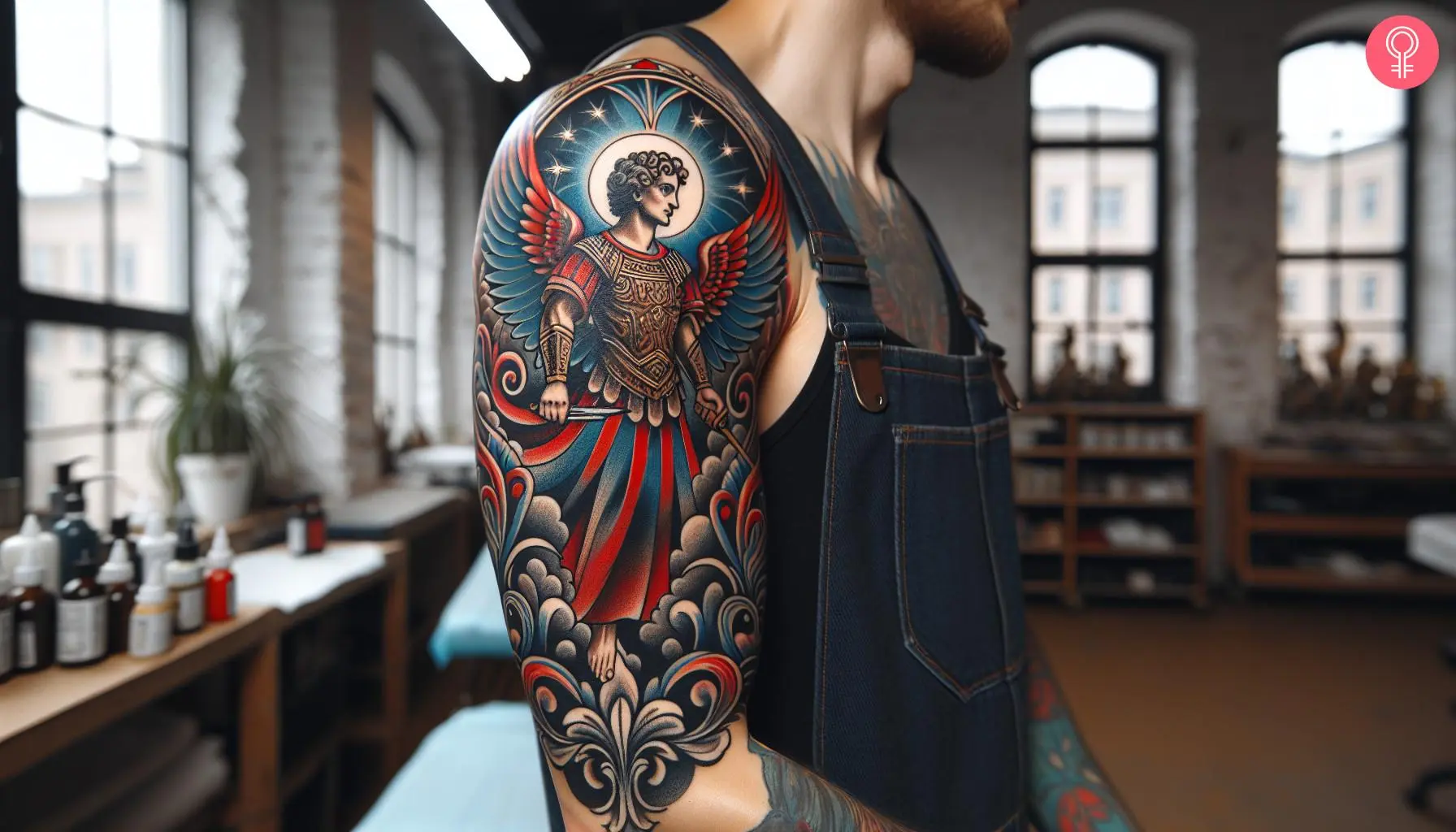 A colorful half-sleeve tattoo featuring Saint Michael in black, blue, and red inks