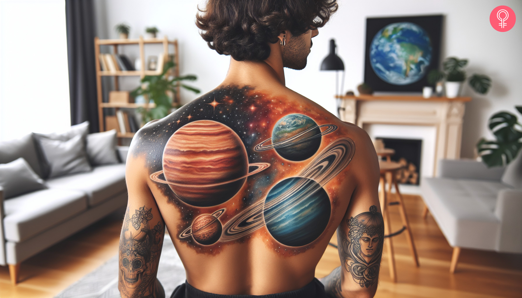 A colorful planet and stars tattoo