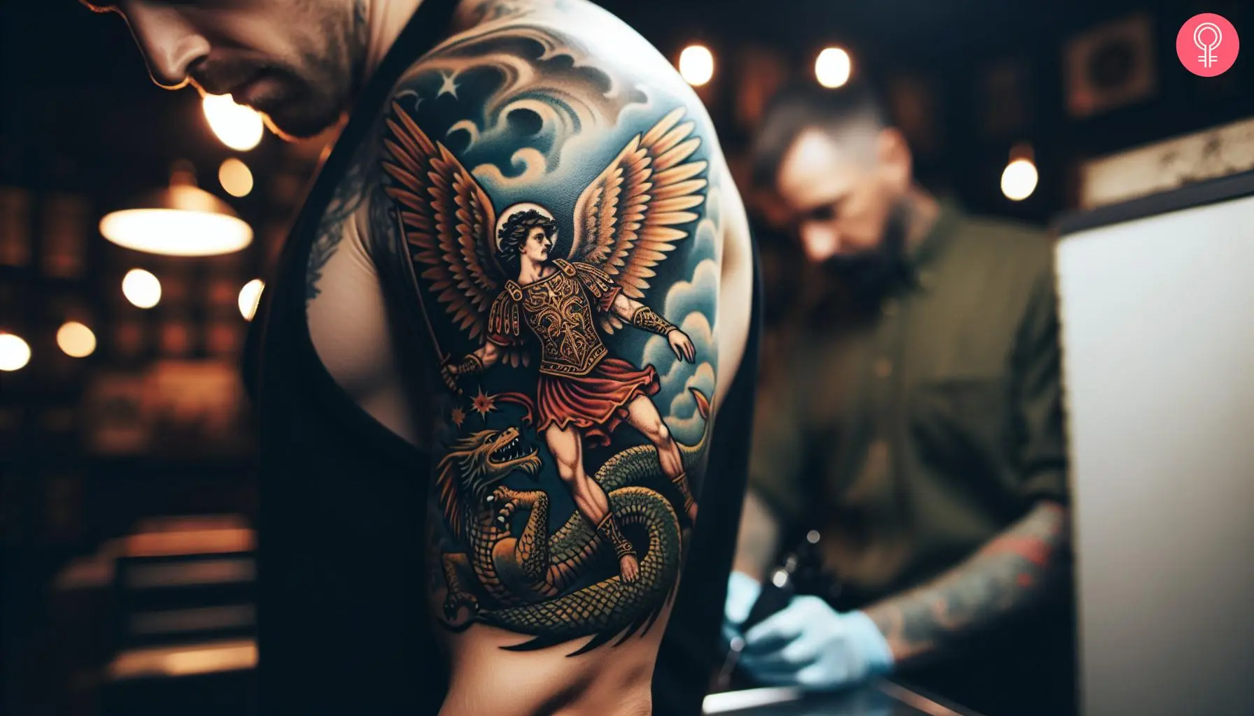 A colorful tattoo featuring Michael with a sword and a dragon serpent