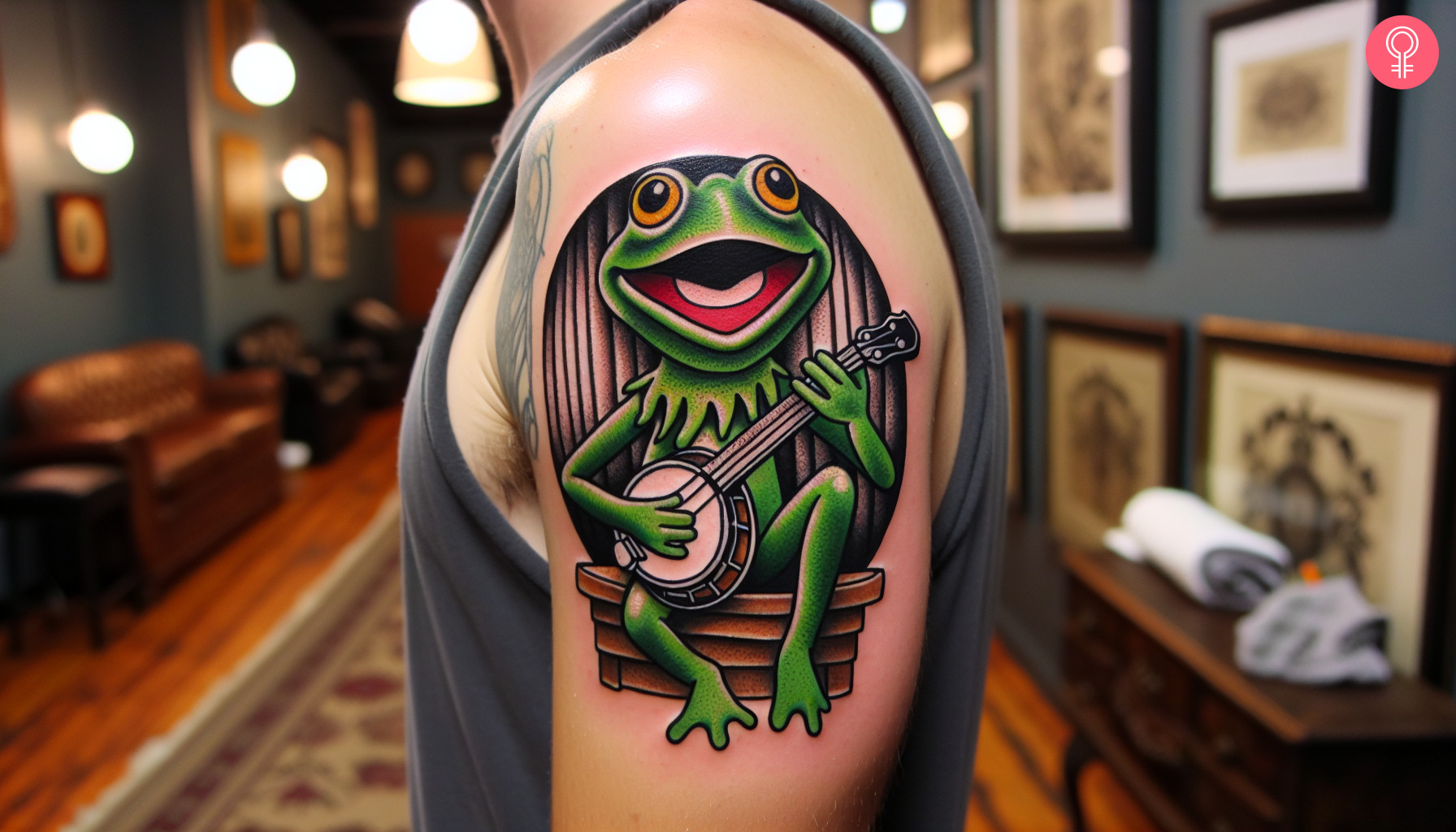 A colorful tattoo of a frog playing a banjo on the upper arm