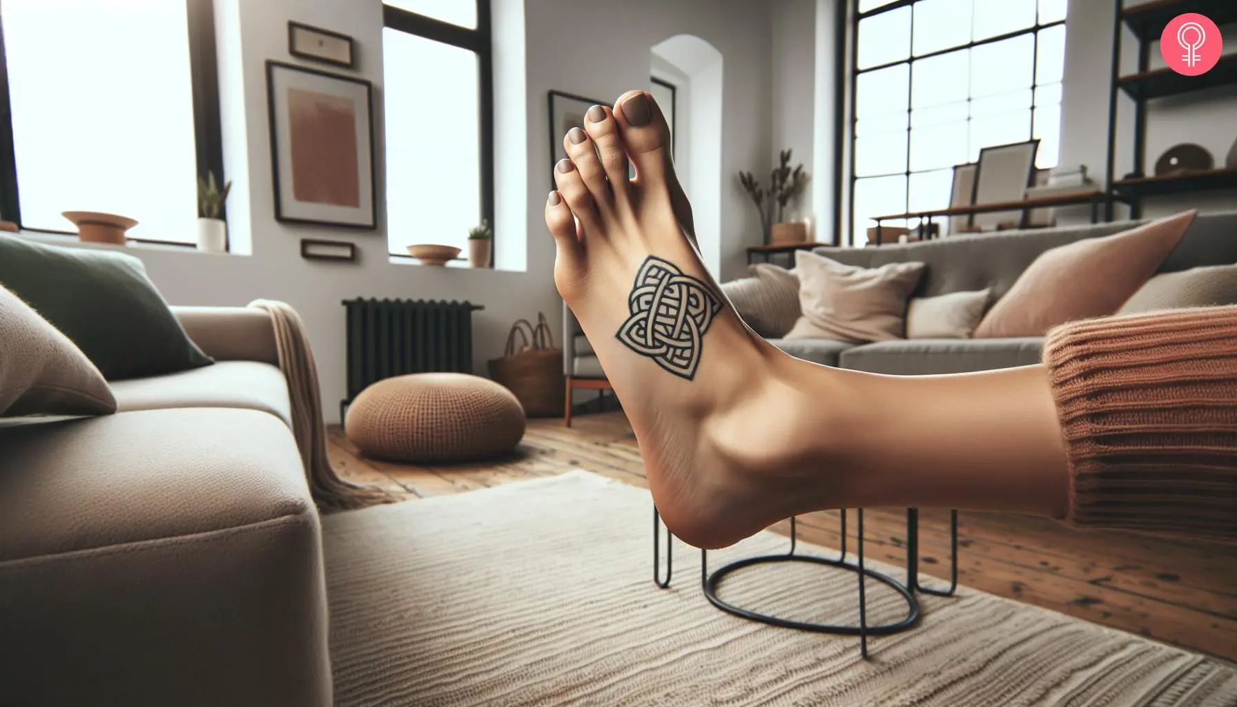 A cool foot tattoo of a celtic knot on a woman