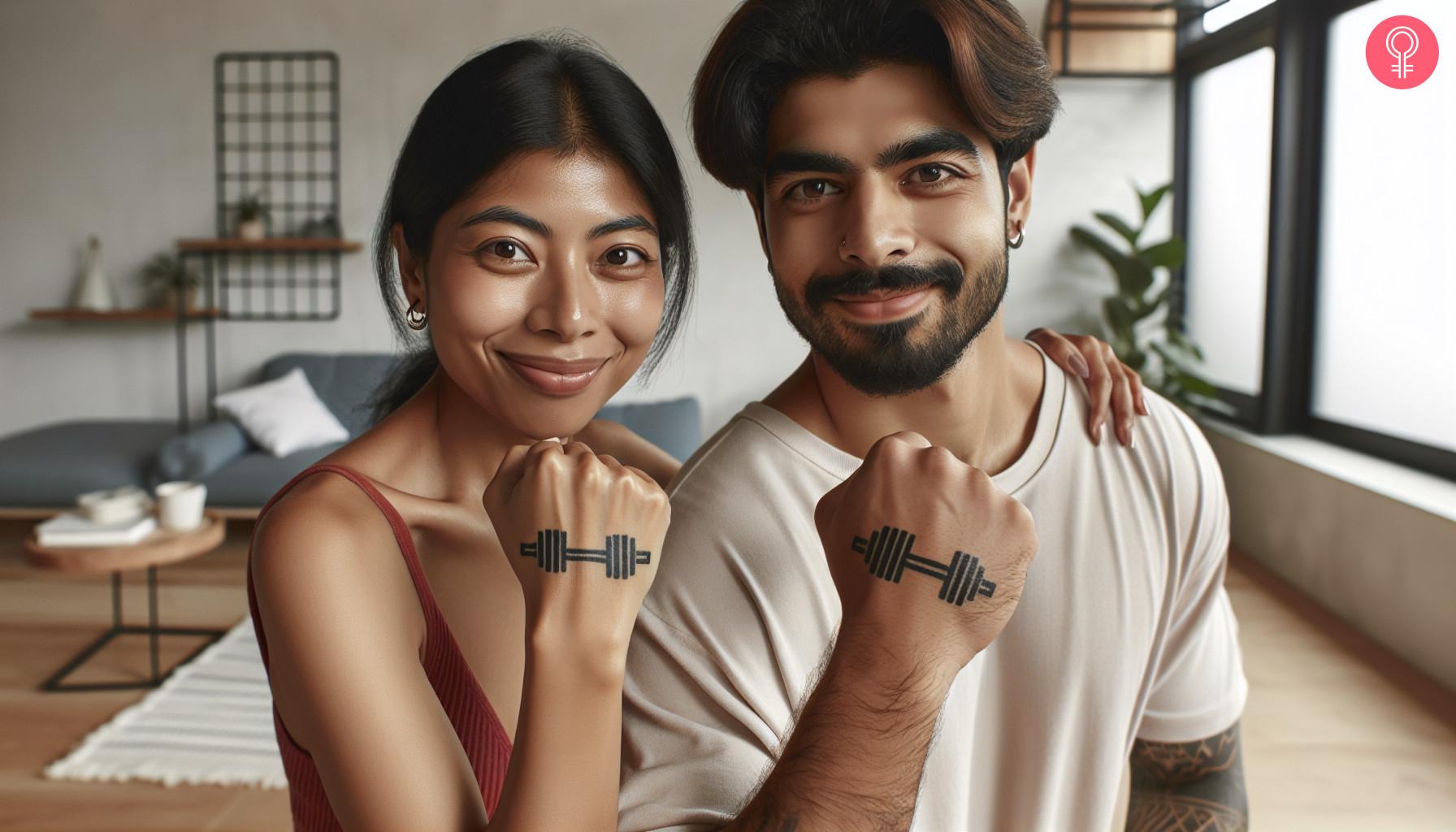 A couple with fitness couple tattoos on the back of their hands