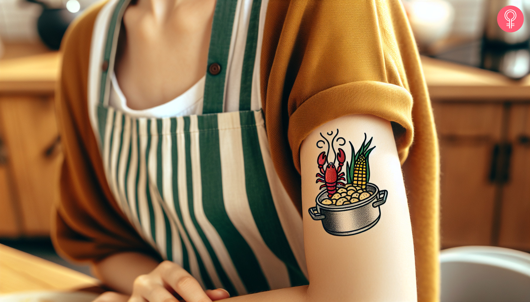 A crawfish boil tattoo on a woman’s upper arm