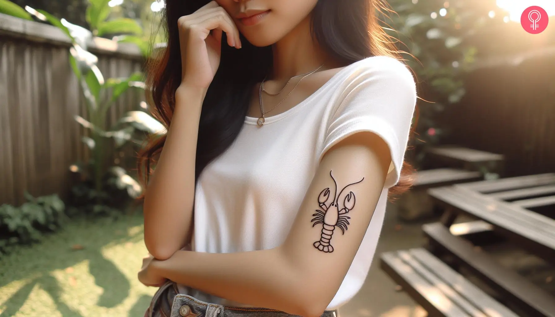 A crawfish tattoo outline on a woman’s upper arm