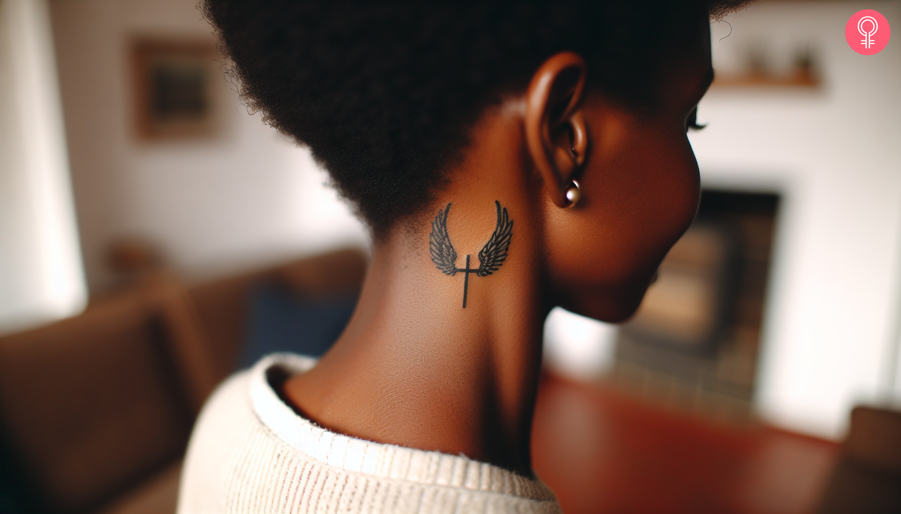 A cross with wings tattoo on a woman’s neck