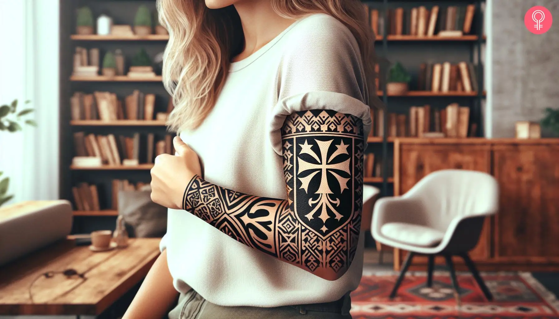 A crusader sleeve tattoo with tribal designs and a shield