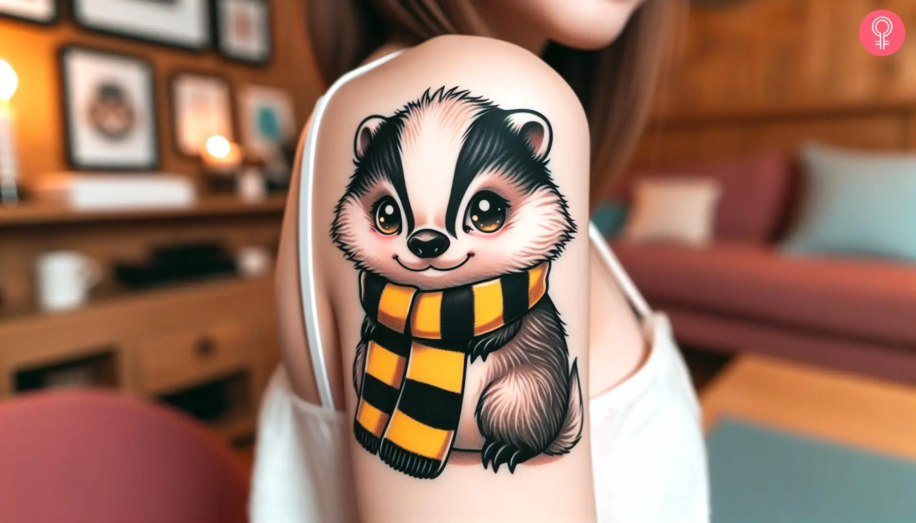 A cute Hufflepuff tattoo on the upper arm of a woman