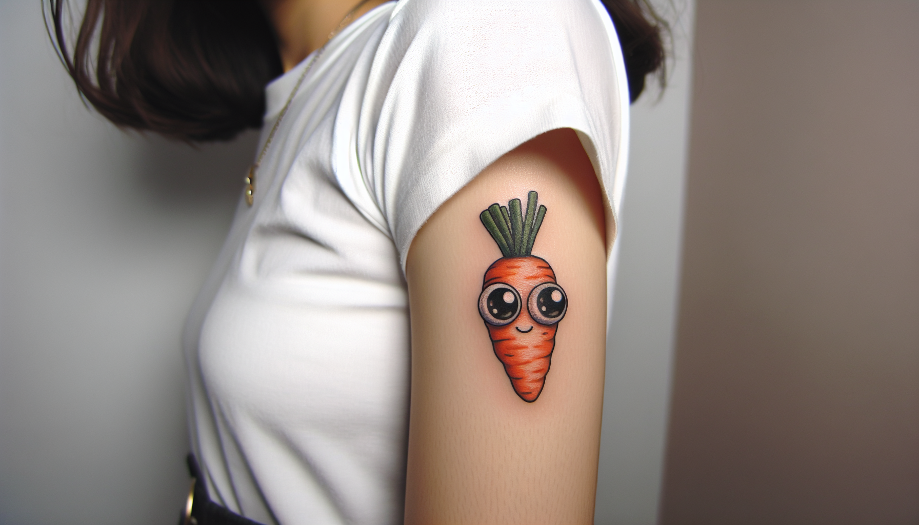 A cute carrot tattoo on the arm of a woman