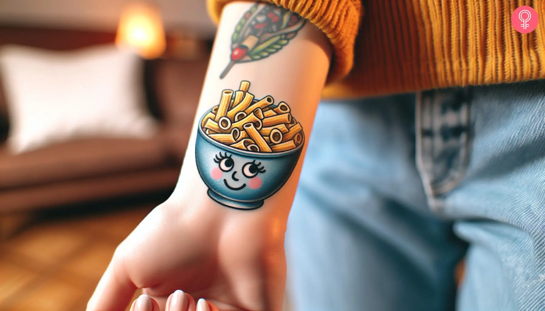 A cute pasta tattoo on a woman’s wrist