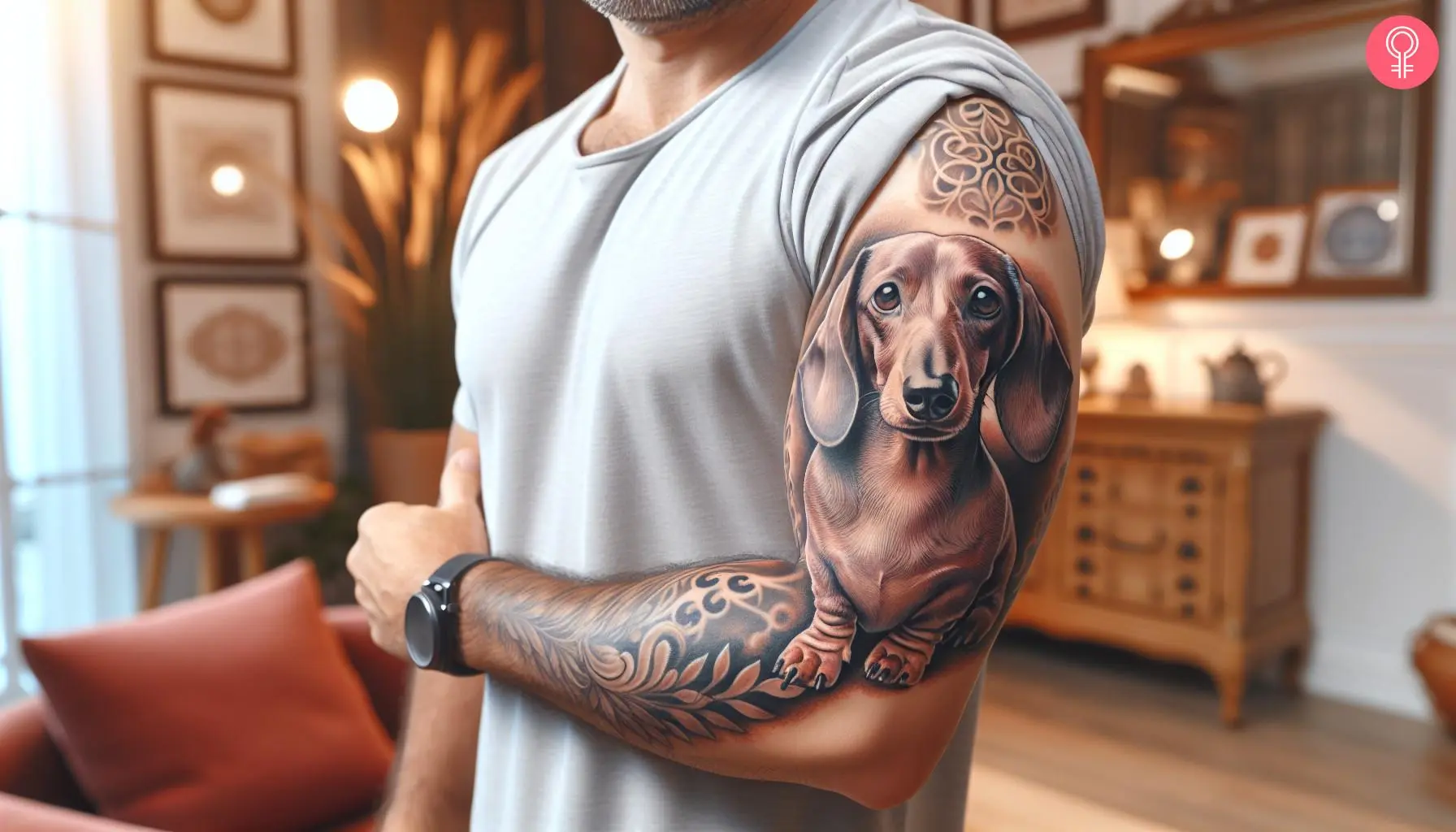 A dachshund dog tattoo on the arm of a man