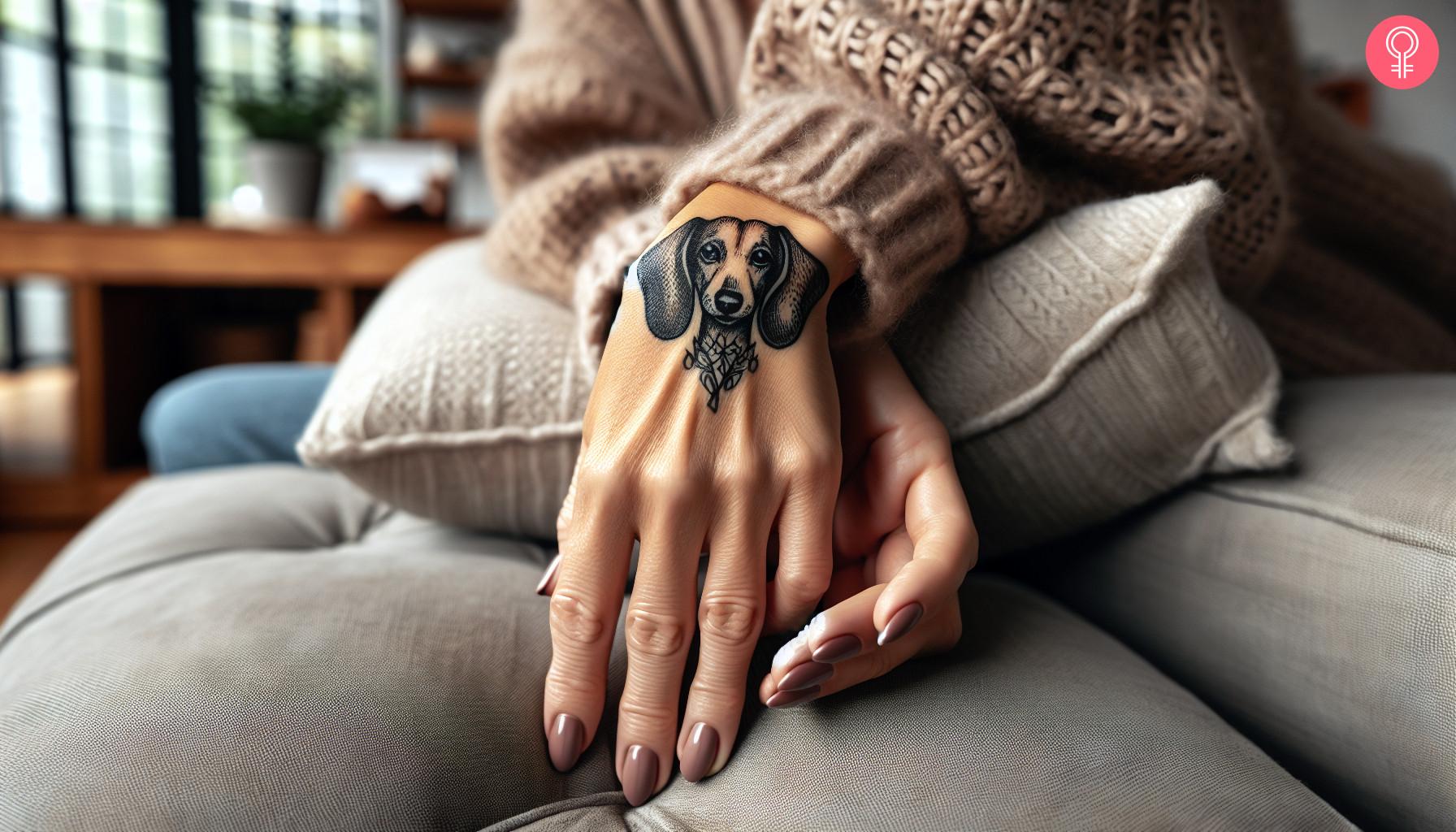 A dachshund face tattoo on the hand of a woman