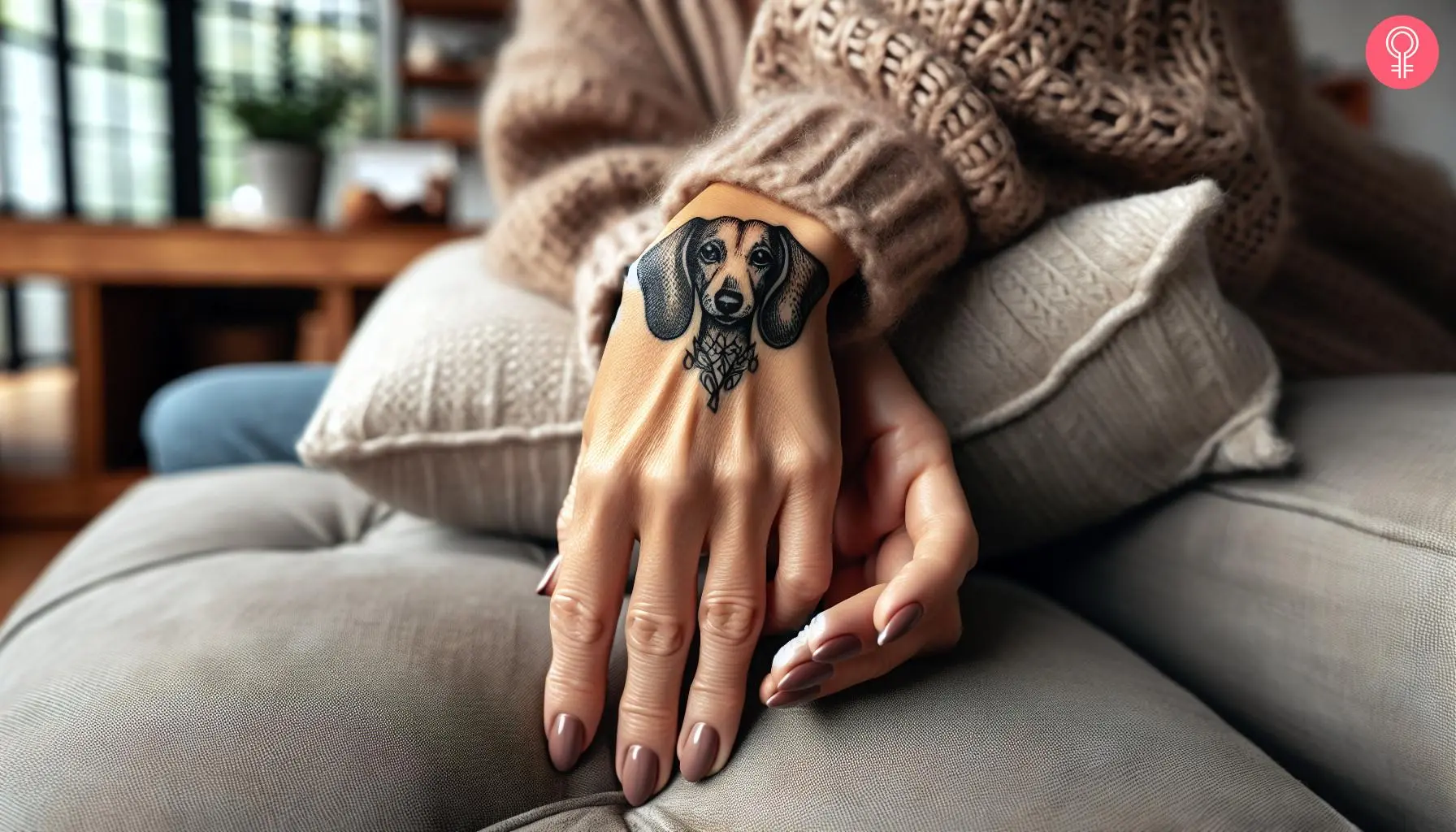 A dachshund face tattoo on the hand of a woman