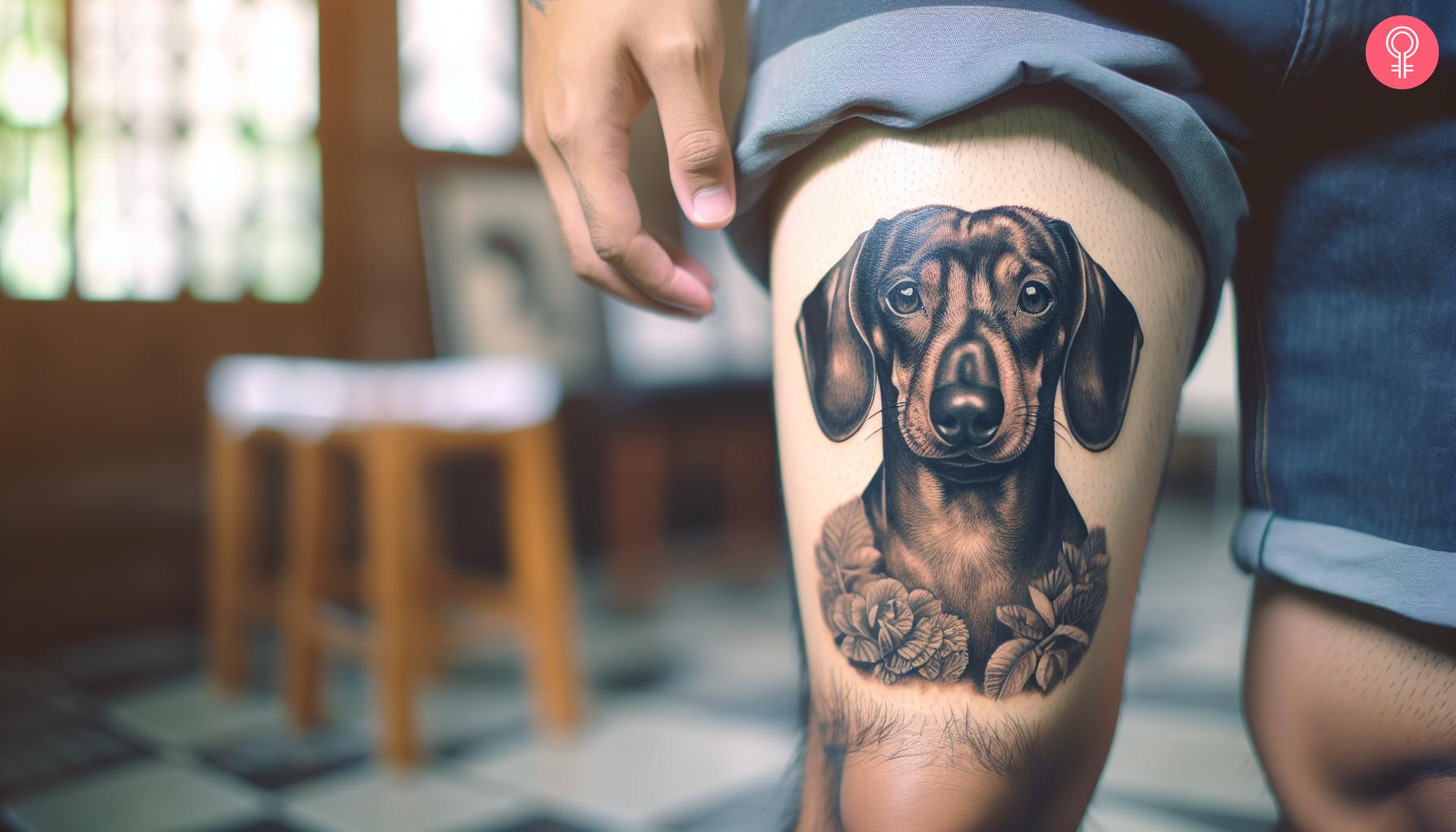 A dachshund portrait tattoo on the thigh of a man