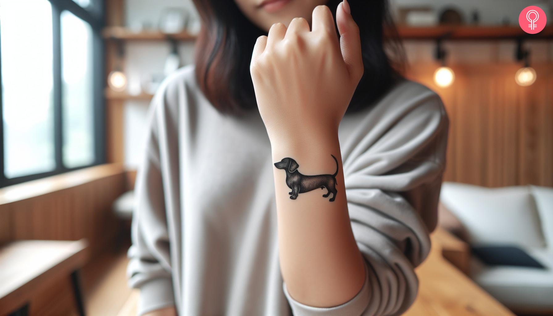 A dachshund silhouette tattoo on the lower arm of a woman