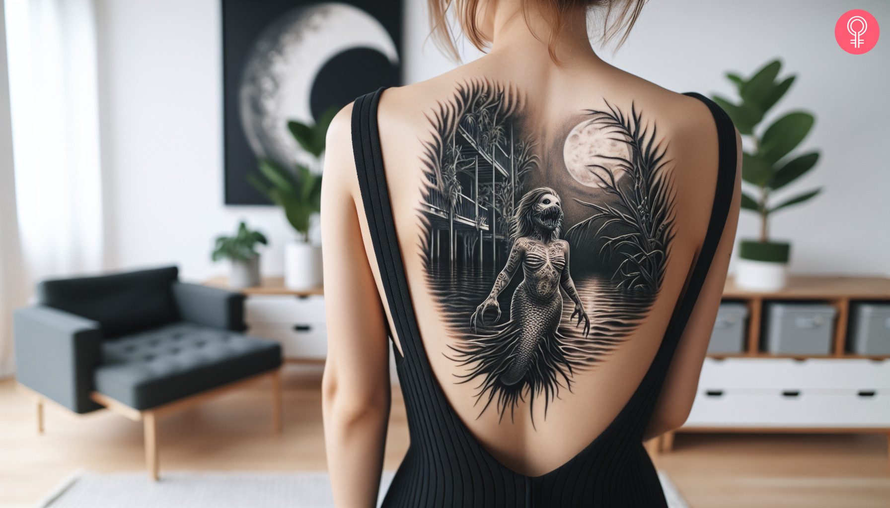 A dark fantasy tattoo on the back featuring a mermaid