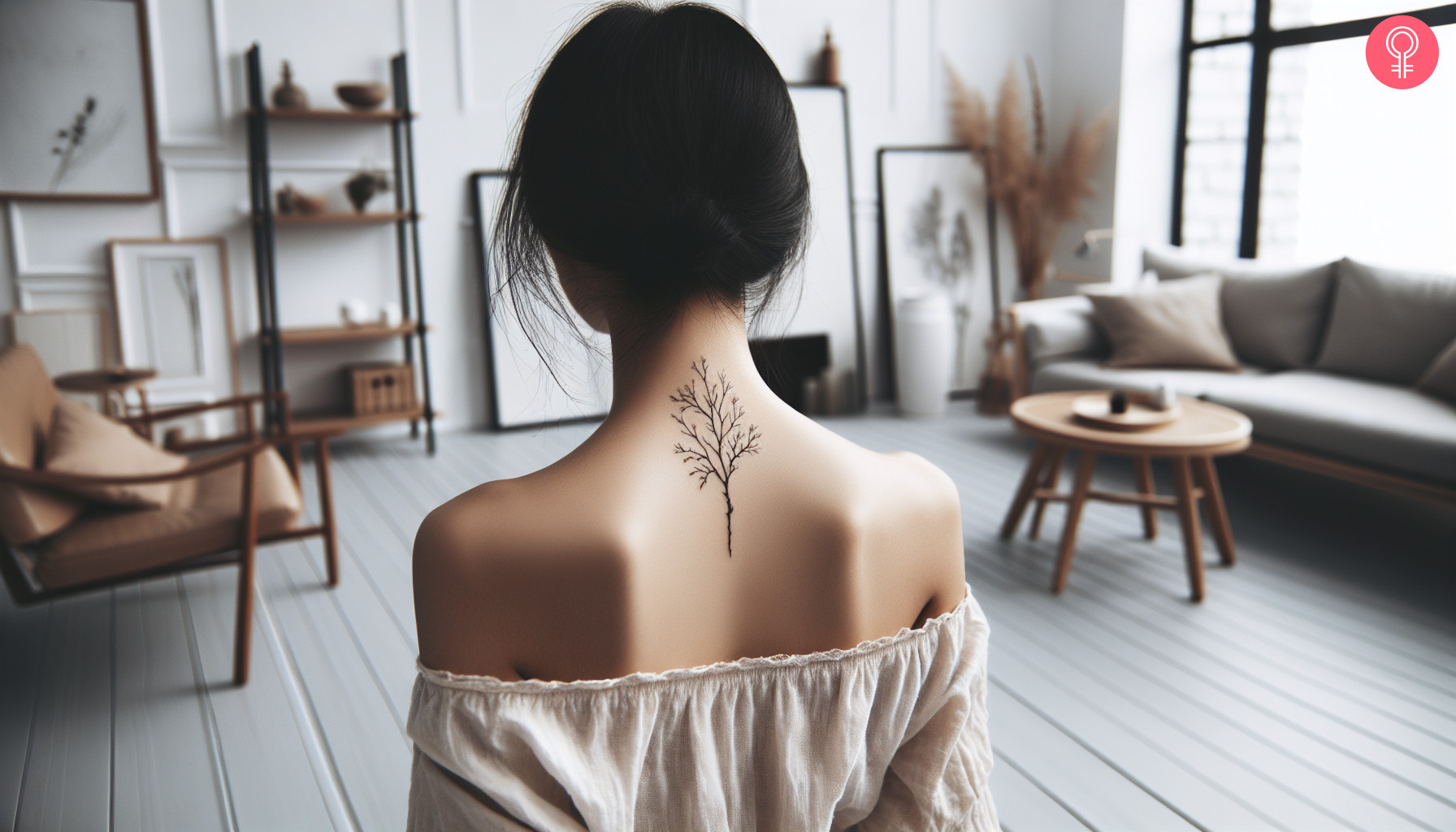 A dead tree branch tattoo behind the neck of a woman