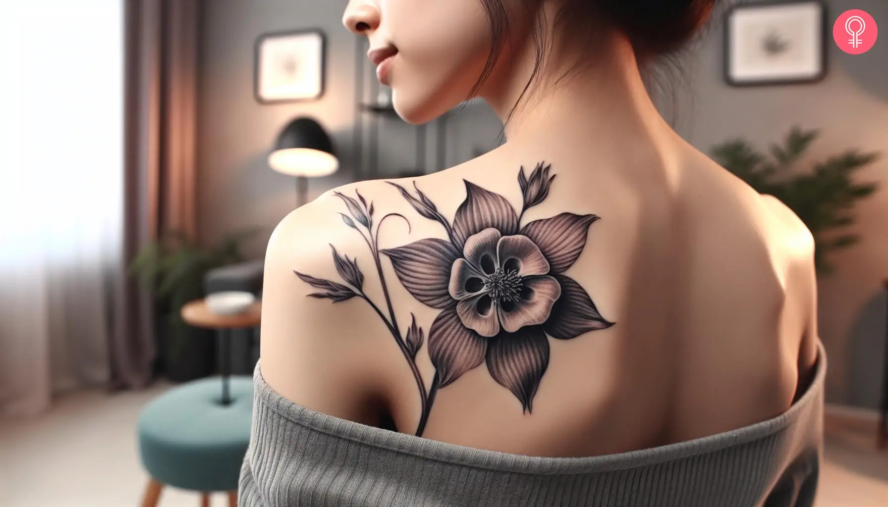 A delicate, shaded black columbine flower tattoo on the back of the shoulder