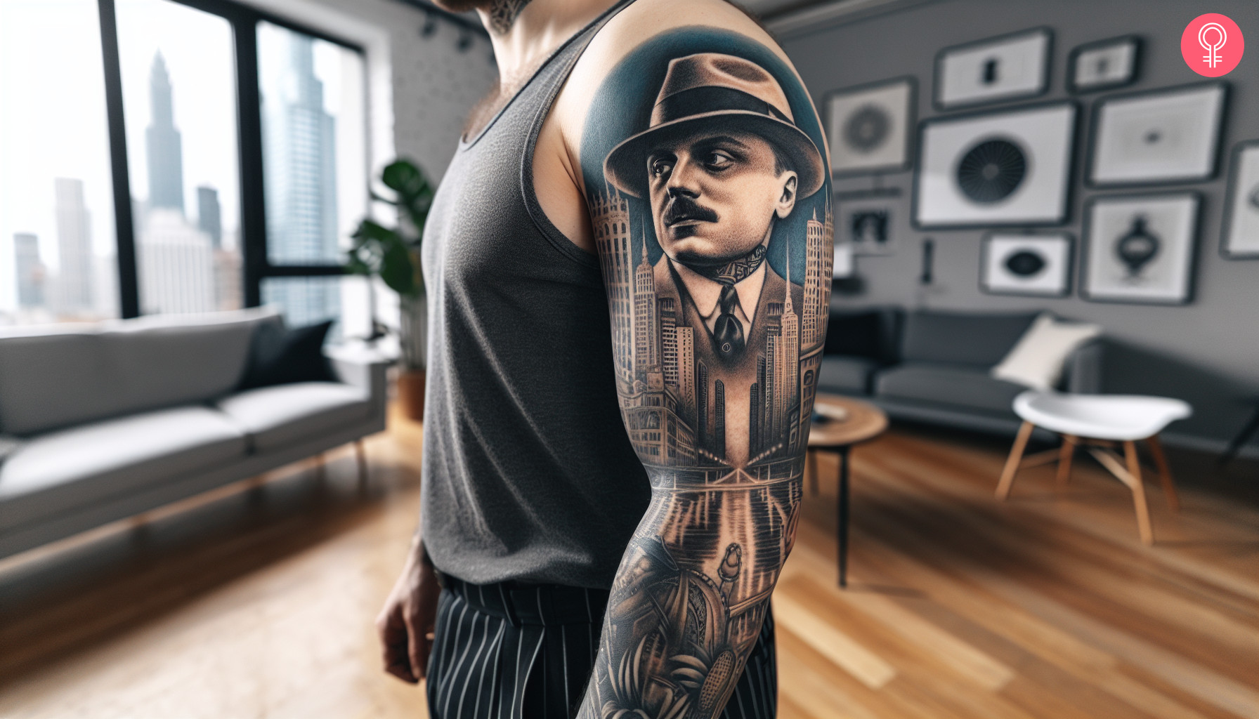 A detailed Al Capone tattoo sleeve