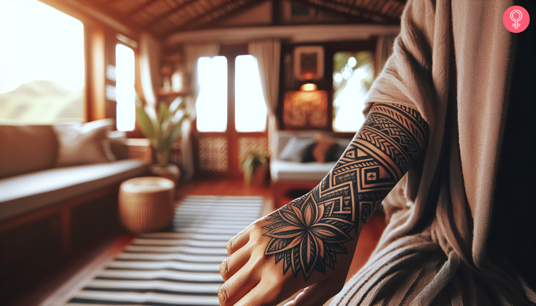 A detailed Polynesian style flower on hand of a woman