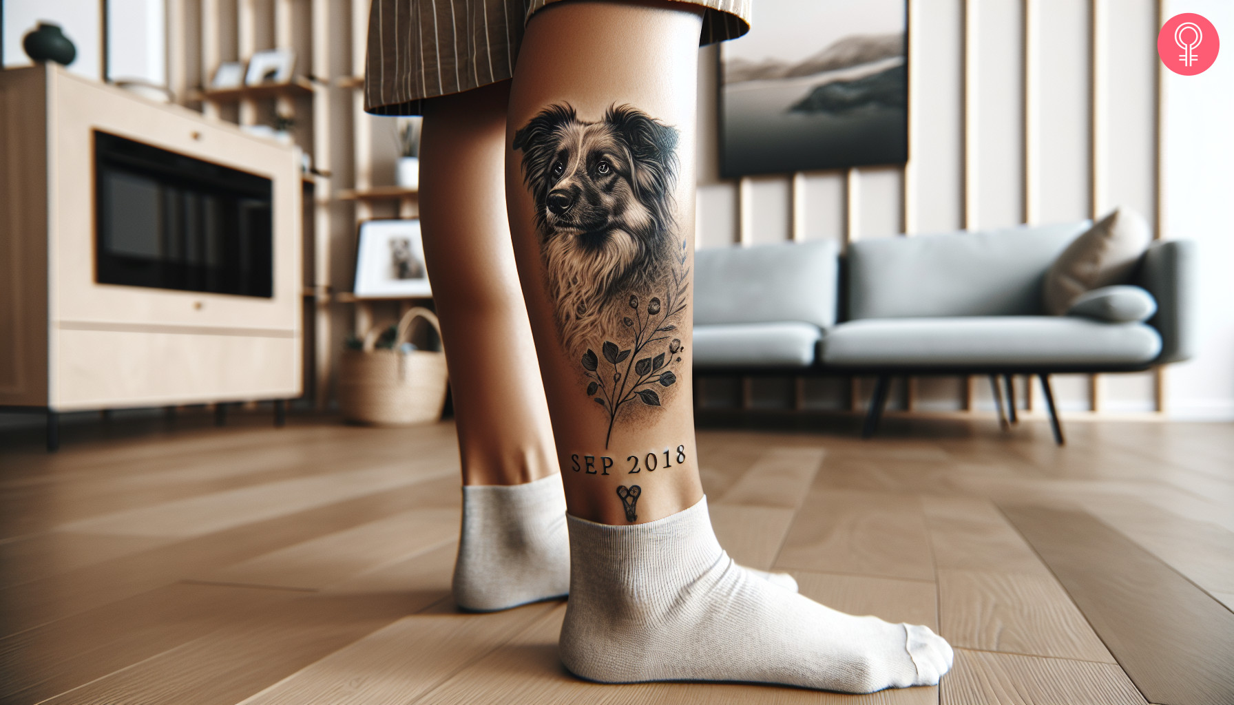 A dog memorial tattoo on a man's calf