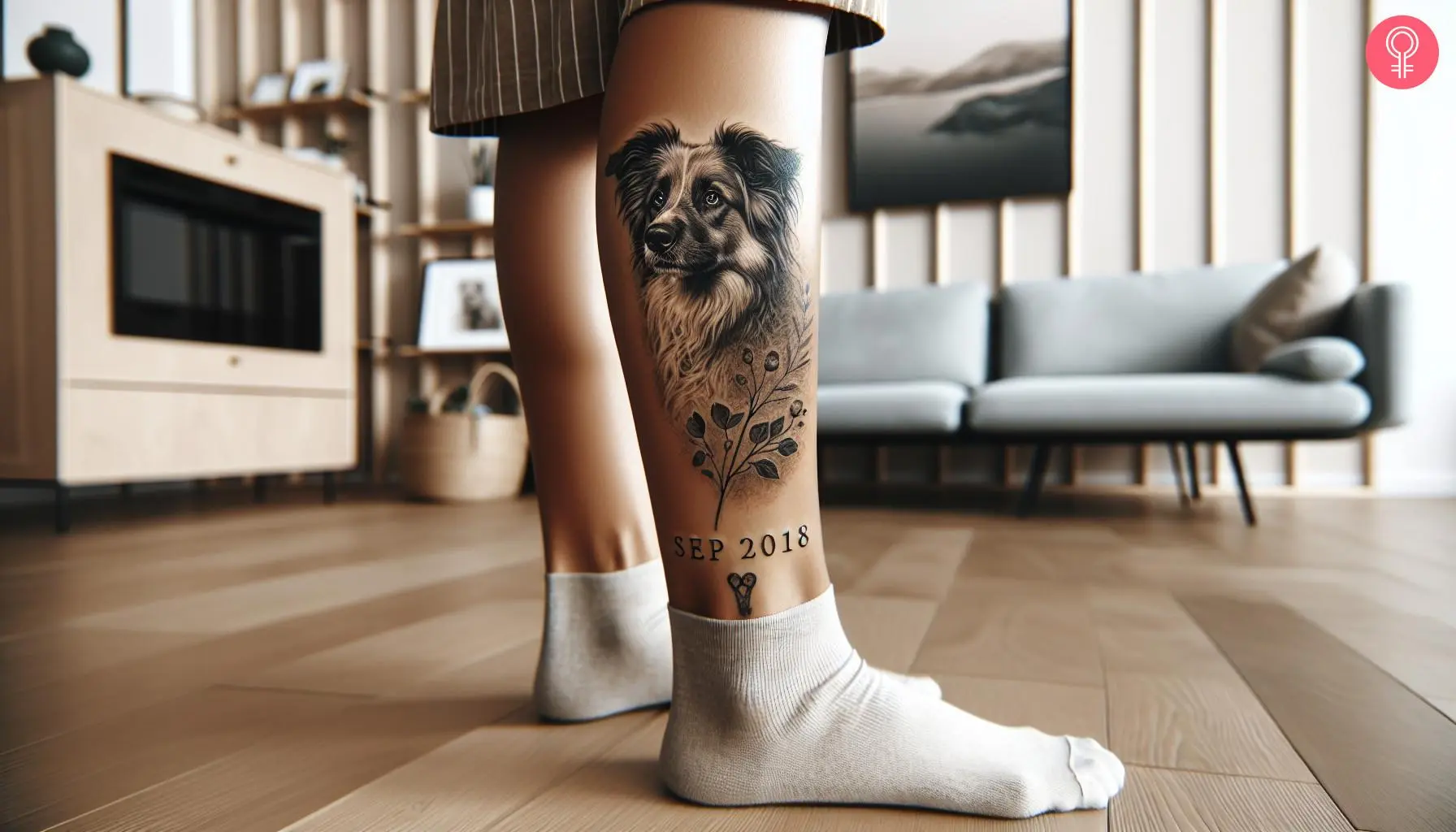 A dog memorial tattoo on the calf of a man