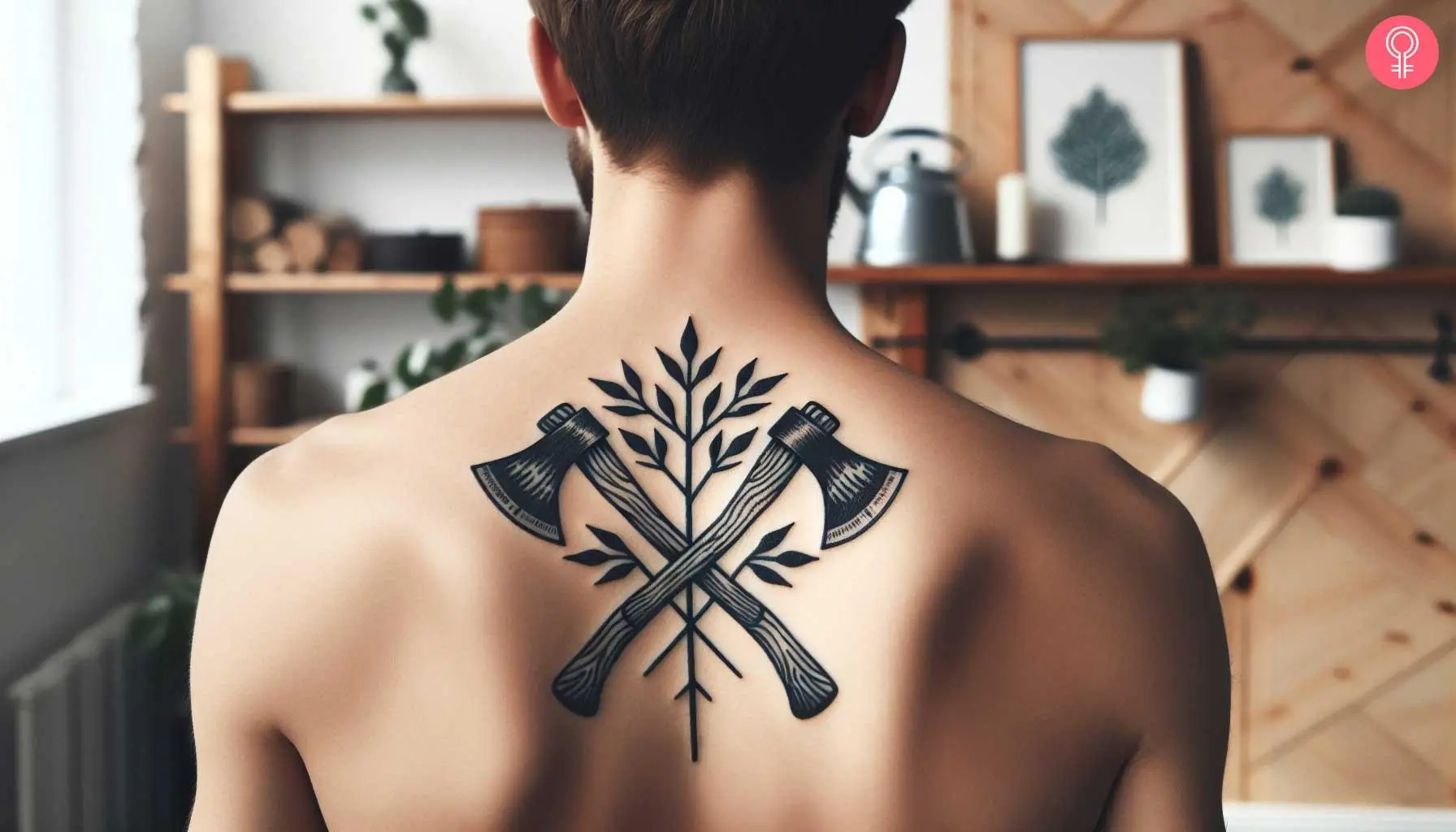 A double axe tattoo on a man’s back