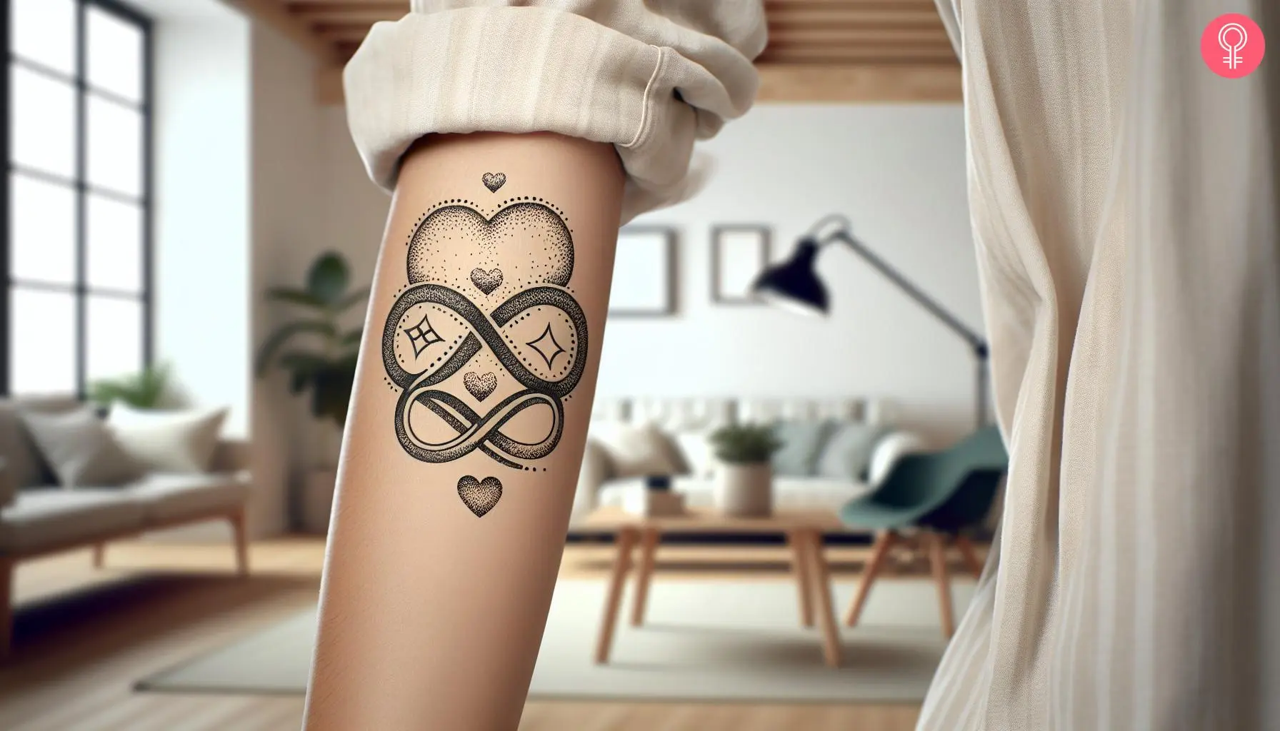 A double heart infinity tattoo on the forearm