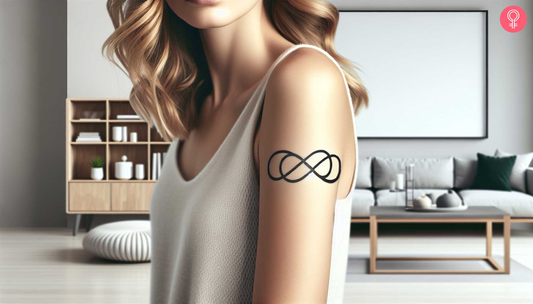 A double infinity symbol tattoo on the upper arm