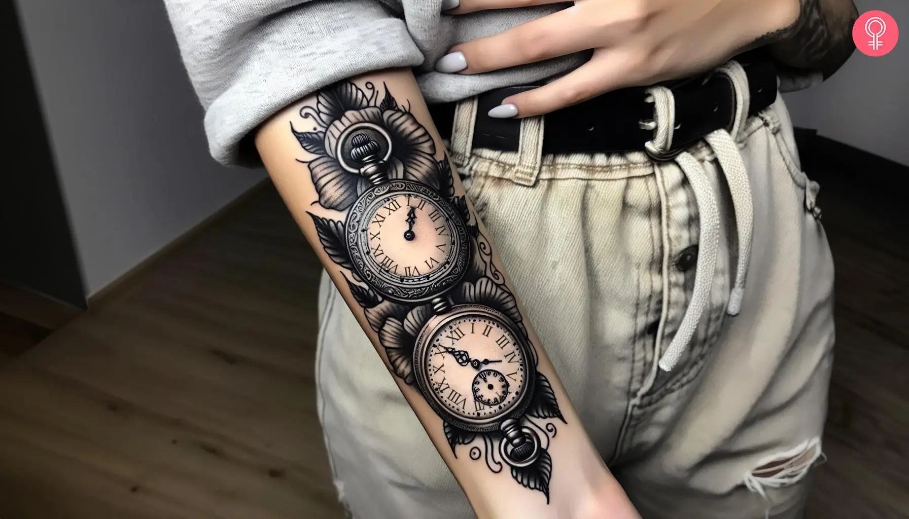 A double pocket watch tattoo on a woman’s forearm