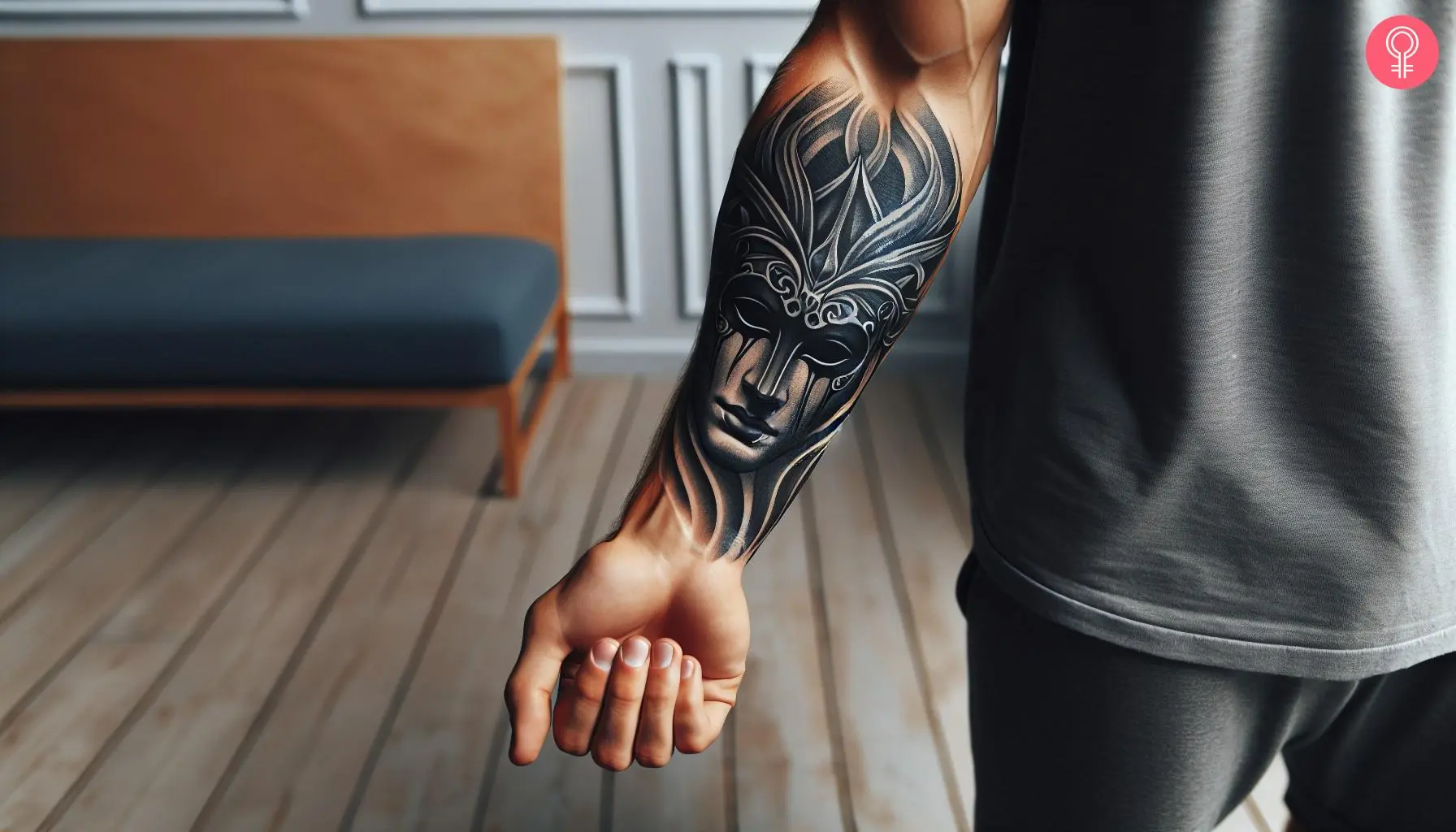 A drama mask tattoo on the forearm