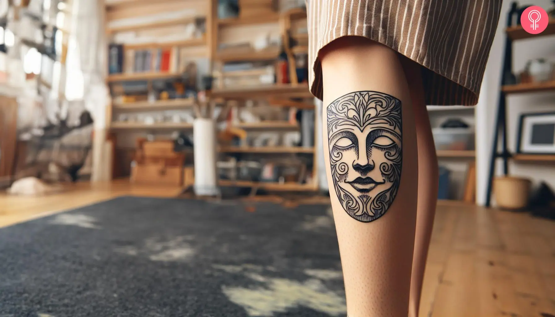 A drama mask tattoo on the leg