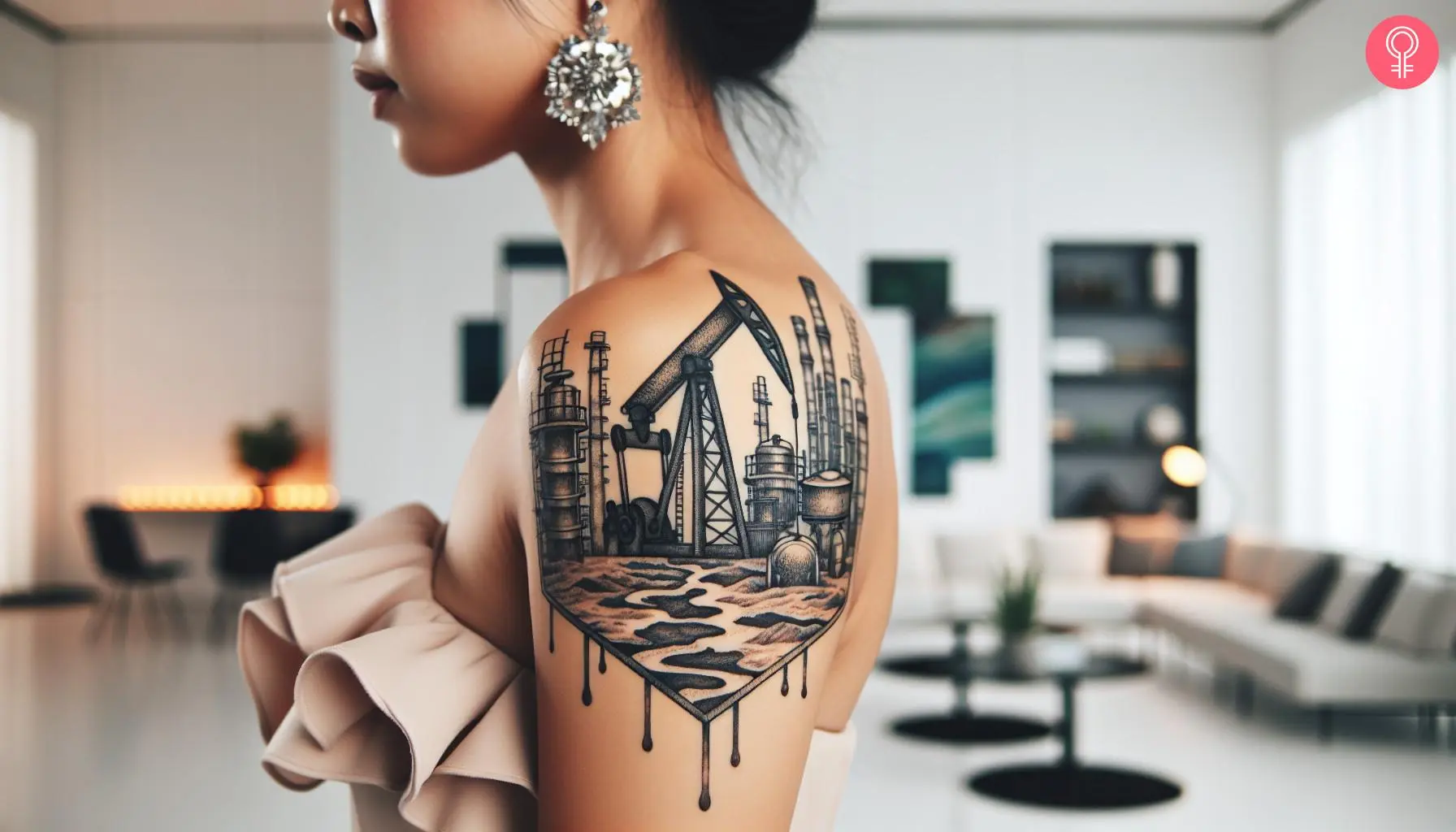 A drilling rig oilfield tattoo on the shoulder of a woman