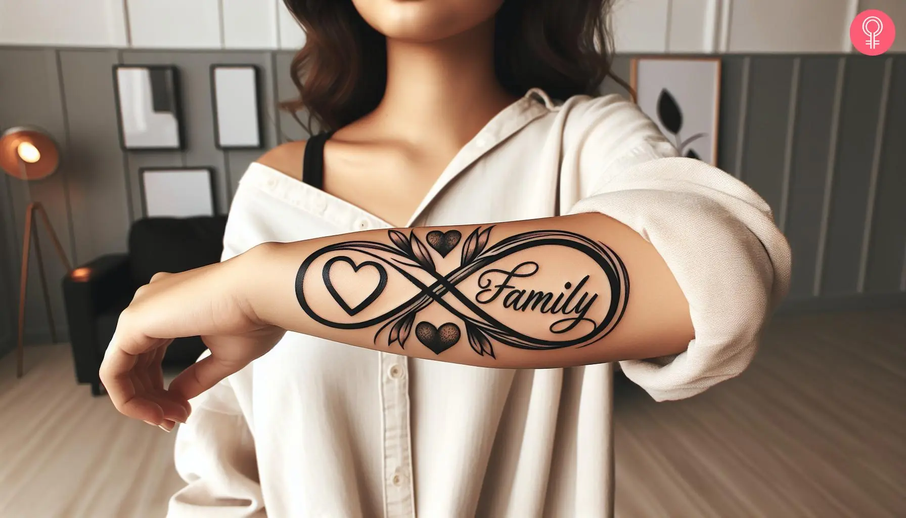 A family infinity heart tattoo on the forearm