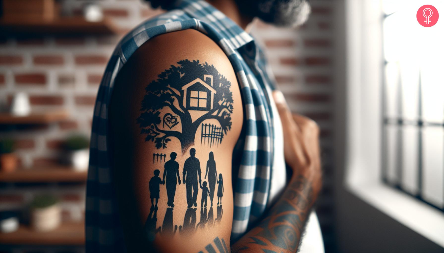 A family shadow tattoo on a man’s upper arm