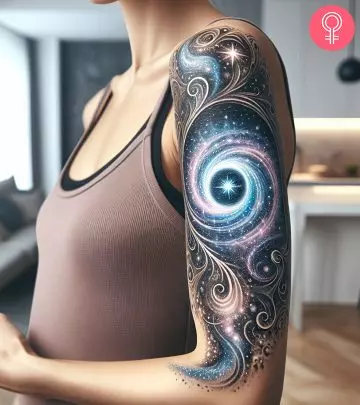 A woman flaunting a pig tattoo on the bicep
