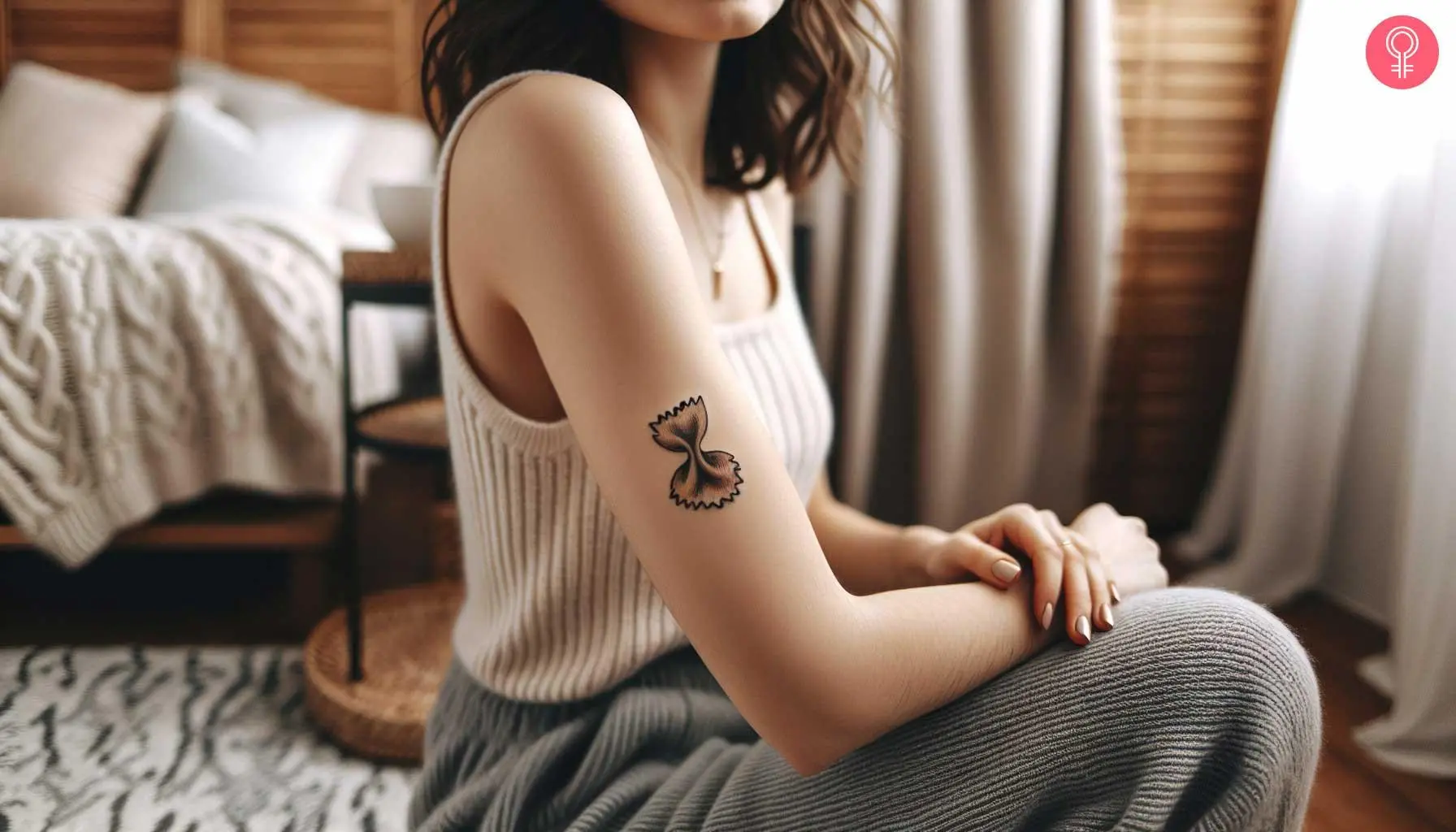 A farfalle pasta tattoo on a woman’s upper arm