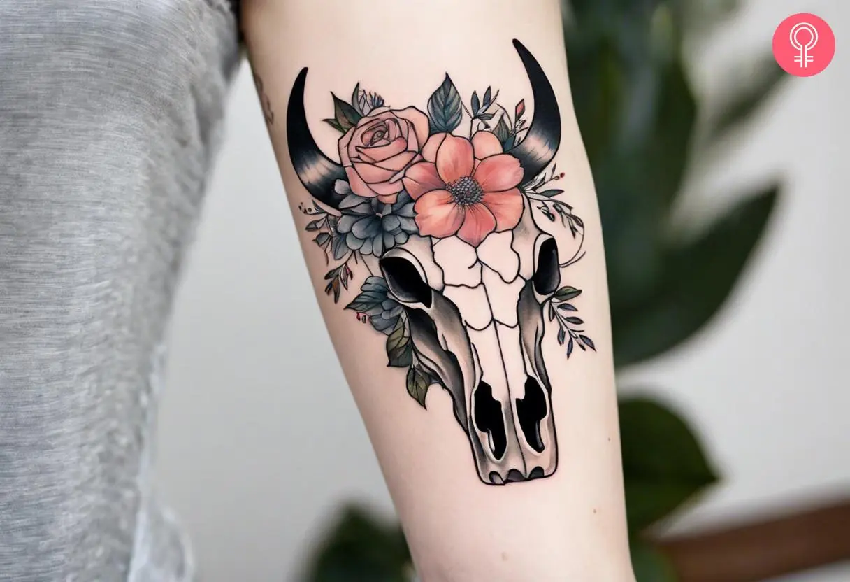 A feminine bull skull tattoo with flowers on the arm